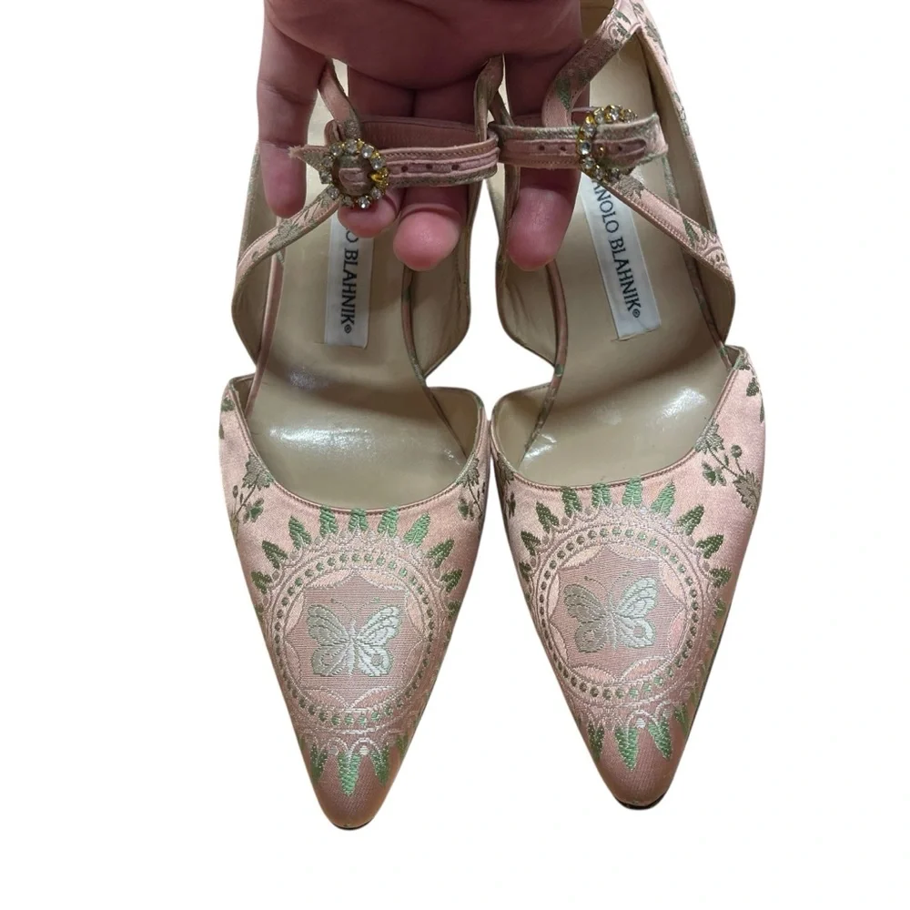 Manolo Blahnik Pink Silk Jacquard D’Orsay Heels Crystal Button Pumps